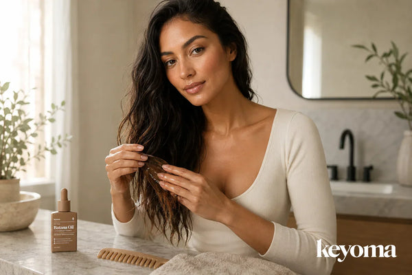 Keyoma batana oil bottle sits beside woman checking wet hair ends with comb and towel.