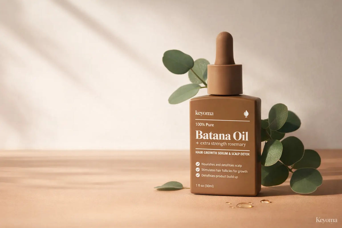 Minimal product shot of Keyoma batana oil bottle with eucalyptus leaves on neutral studio surface.