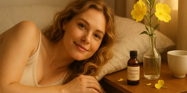 A woman relaxes on her bed beside a vase of yellow evening primrose flowers and a bottle of oil, illustrating Keyoma’s gentle nighttime hair and scalp ritual.