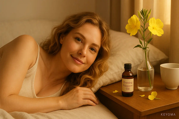 A woman relaxes on her bed beside a vase of yellow evening primrose flowers and a bottle of oil, illustrating Keyoma’s gentle nighttime hair and scalp ritual.