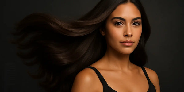 Studio portrait of woman with flowing dark hair against black background, Keyoma showcases shine and volume.