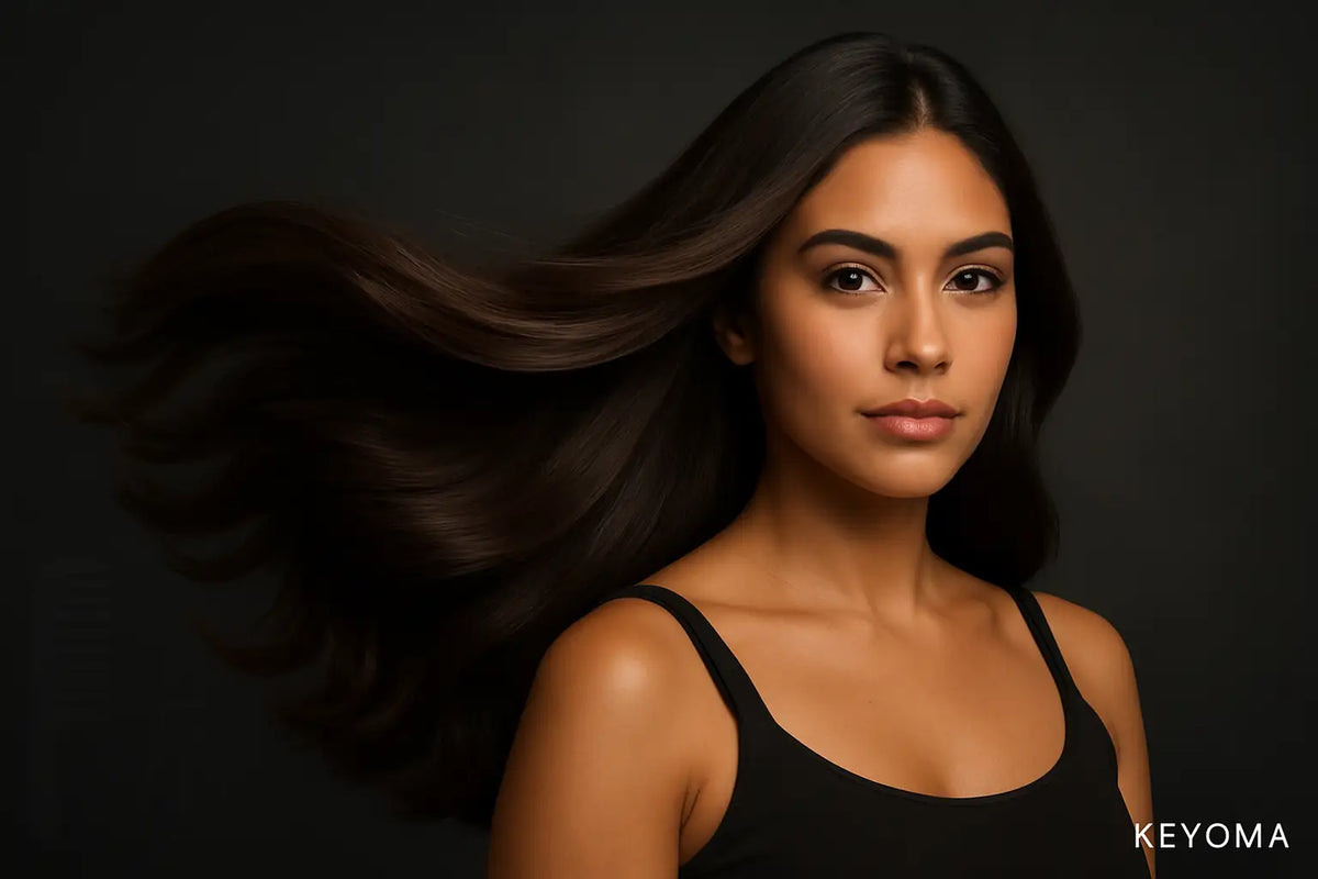 Studio portrait of woman with flowing dark hair against black background, Keyoma showcases shine and volume.