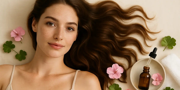 Woman with glossy waves beside geranium flowers and dropper bottle, featuring Keyoma and geranium oil haircare.