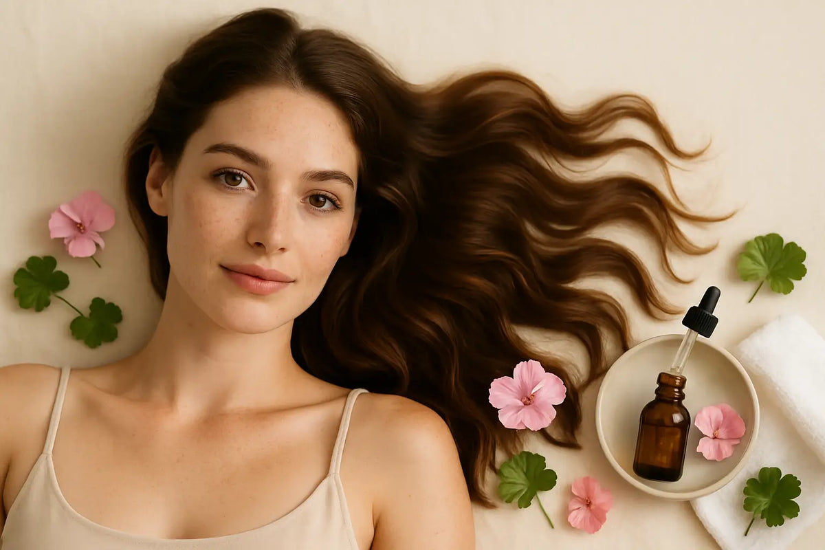 Woman with glossy waves beside geranium flowers and dropper bottle, featuring Keyoma and geranium oil haircare.
