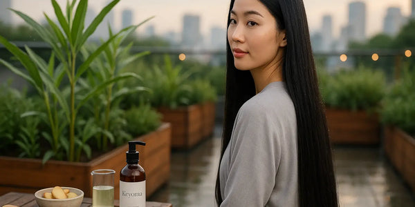 A woman with long straight hair sits on a rooftop garden beside sliced ginger, a beaker, a wooden comb, and a Keyoma pump bottle, suggesting a gentle ginger hair ritual.