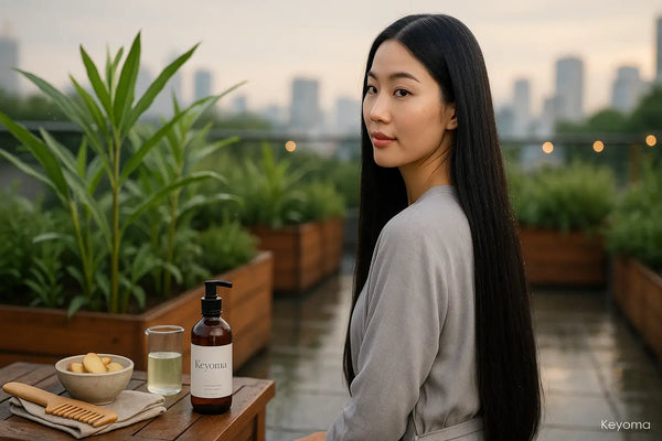 A woman with long straight hair sits on a rooftop garden beside sliced ginger, a beaker, a wooden comb, and a Keyoma pump bottle, suggesting a gentle ginger hair ritual.