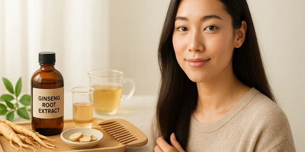 A woman with smooth dark hair sits beside a tray holding a bottle labeled “Ginseng Root Extract,” tea cups, sliced ginseng, and a wooden comb, illustrating a calm Keyoma hair-care moment.