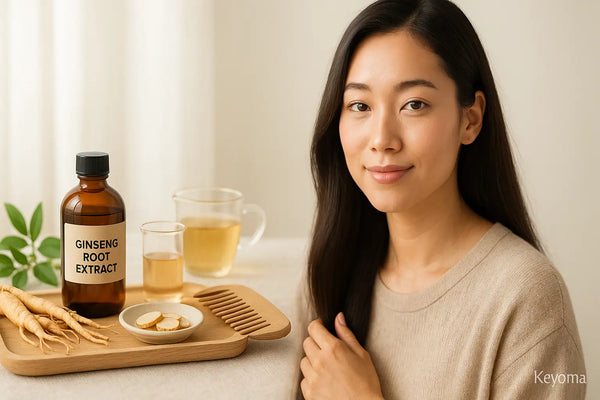 A woman with smooth dark hair sits beside a tray holding a bottle labeled “Ginseng Root Extract,” tea cups, sliced ginseng, and a wooden comb, illustrating a calm Keyoma hair-care moment.