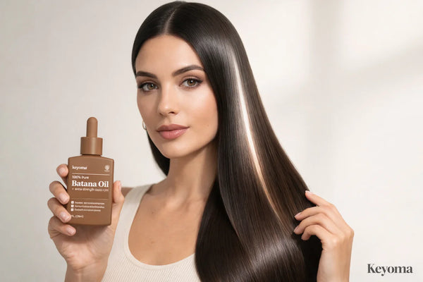 Woman displays sleek, straight hair while holding Keyoma batana oil for shine and smooth texture.