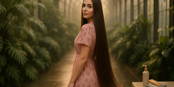 A woman with very long, glossy brown hair in a pink floral dress stands in a sun-lit glasshouse, with a Keyoma pump bottle and wooden comb on a nearby ledge.