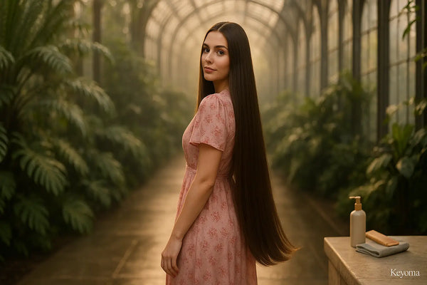 A woman with very long, glossy brown hair in a pink floral dress stands in a sun-lit glasshouse, with a Keyoma pump bottle and wooden comb on a nearby ledge.