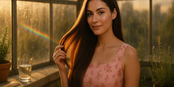 In warm greenhouse light, a woman in a pink floral dress gently holds a glossy strand of her long hair as a faint rainbow glows on the window, evoking Keyoma’s healthy-hair aesthetic with a comb and plants on the ledge.