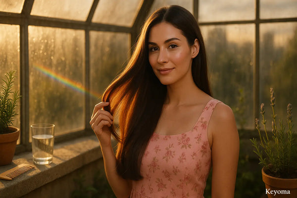 In warm greenhouse light, a woman in a pink floral dress gently holds a glossy strand of her long hair as a faint rainbow glows on the window, evoking Keyoma’s healthy-hair aesthetic with a comb and plants on the ledge.