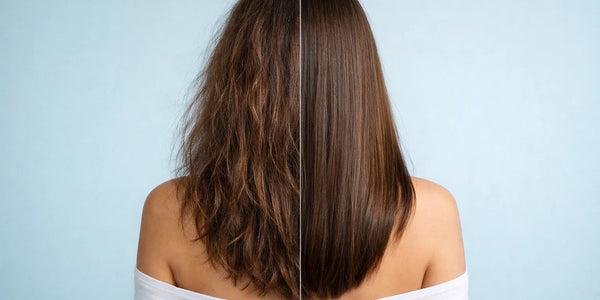 Before and after hair comparison back view showing frizzy hair versus smooth straight hair with Keyoma branding.