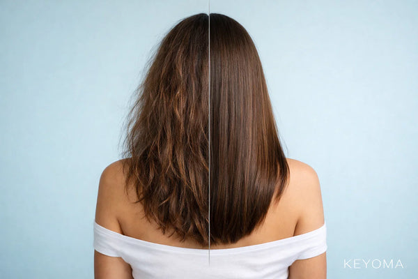 Before and after hair comparison back view showing frizzy hair versus smooth straight hair with Keyoma branding.