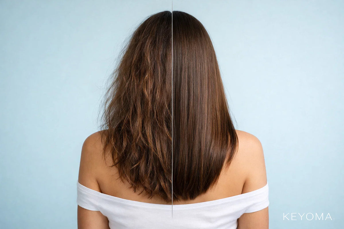 Before and after hair comparison back view showing frizzy hair versus smooth straight hair with Keyoma branding.