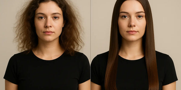 Side-by-side portraits show frizzy hair transforming into sleek, straight strands after a Keyoma hair botox treatment.