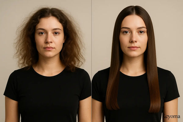 Side-by-side portraits show frizzy hair transforming into sleek, straight strands after a Keyoma hair botox treatment.