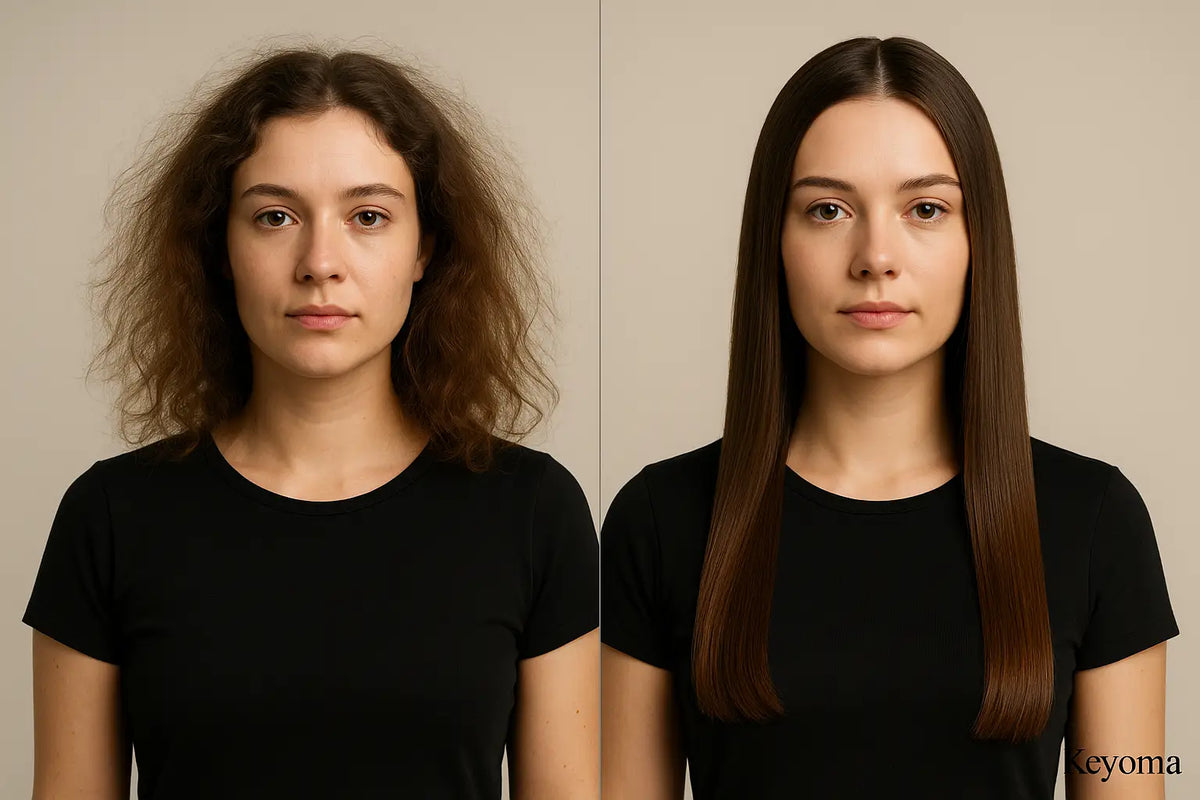 Side-by-side portraits show frizzy hair transforming into sleek, straight strands after a Keyoma hair botox treatment.