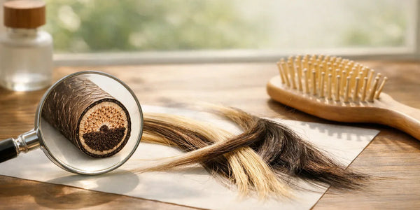 Hair damage split ends under magnifying glass with brush on wooden table and visible Keyoma watermark.