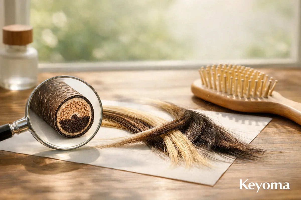 Hair damage split ends under magnifying glass with brush on wooden table and visible Keyoma watermark.