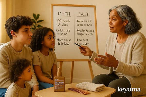 An older woman is teaching children about common hair growth myths and facts using a whiteboard, with a Keyoma batana oil bottle placed on the table as part of the scene.