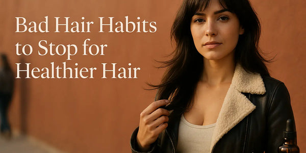 Woman outdoors holding hair beside dropper bottle and straightener illustrates Keyoma guidance on bad heat styling habits.