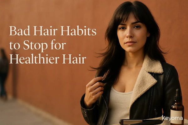 Woman outdoors holding hair beside dropper bottle and straightener illustrates Keyoma guidance on bad heat styling habits.