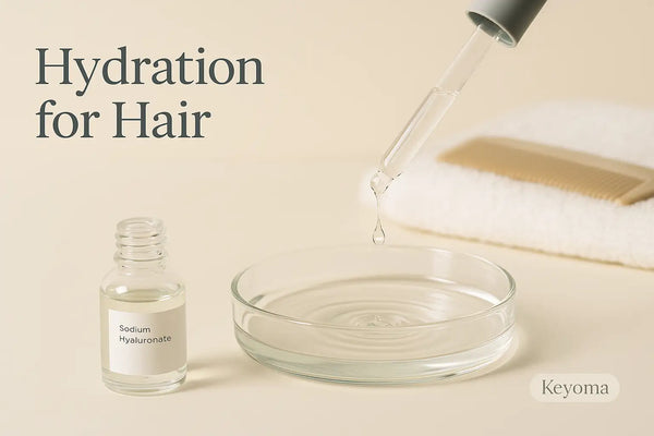 Keyoma minimal scene features a sodium hyaluronate bottle and a glass dropper releasing a bead into a dish to illustrate hydration for hair.