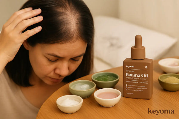 A woman with thinning hair examines her scalp while Keyoma batana oil and natural hair care ingredients sit on a table, highlighting a nourishing treatment for hair loss.