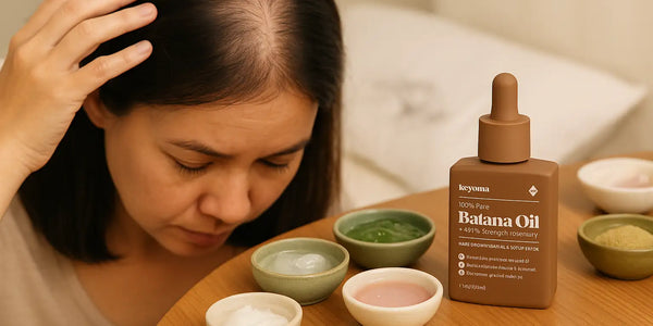 A woman with thinning hair examines her scalp while Keyoma batana oil and natural hair care ingredients sit on a table, highlighting a nourishing treatment for hair loss.