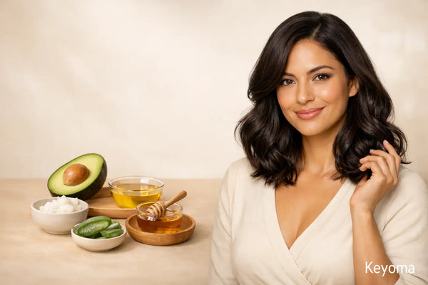 Woman beside Keyoma rough hair ingredients, with avocado, aloe, honey, and oils on table.