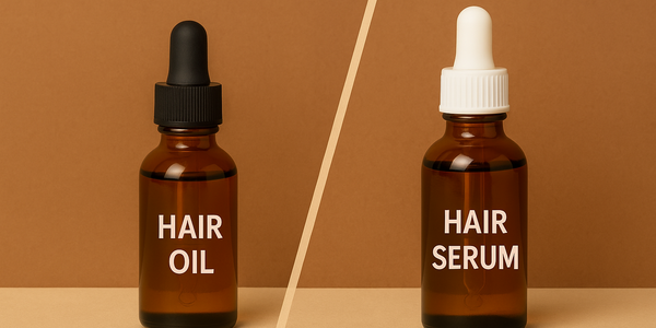 Brown glass bottles labeled hair oil and hair serum, showing Keyoma’s product comparison for different hair care needs.