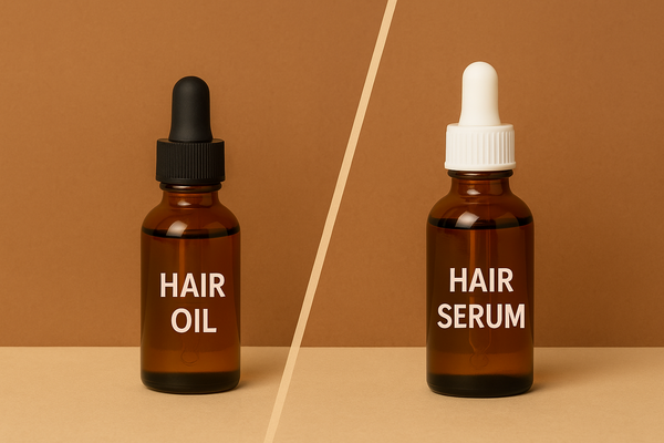 Brown glass bottles labeled hair oil and hair serum, showing Keyoma’s product comparison for different hair care needs.