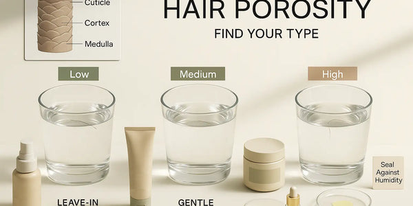 A Keyoma infographic explains hair porosity with low, medium, and high float test examples and suggests leave-in for low, gentle cleansing shampoo for medium, and sealing against humidity for high.