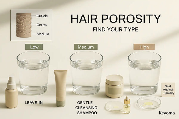 A Keyoma infographic explains hair porosity with low, medium, and high float test examples and suggests leave-in for low, gentle cleansing shampoo for medium, and sealing against humidity for high.
