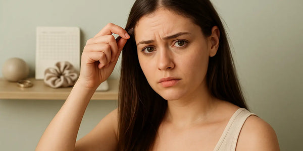 Concerned young woman pinches a hair strand, suggesting trichotillomania, Keyoma scene highlights hair loss awareness.
