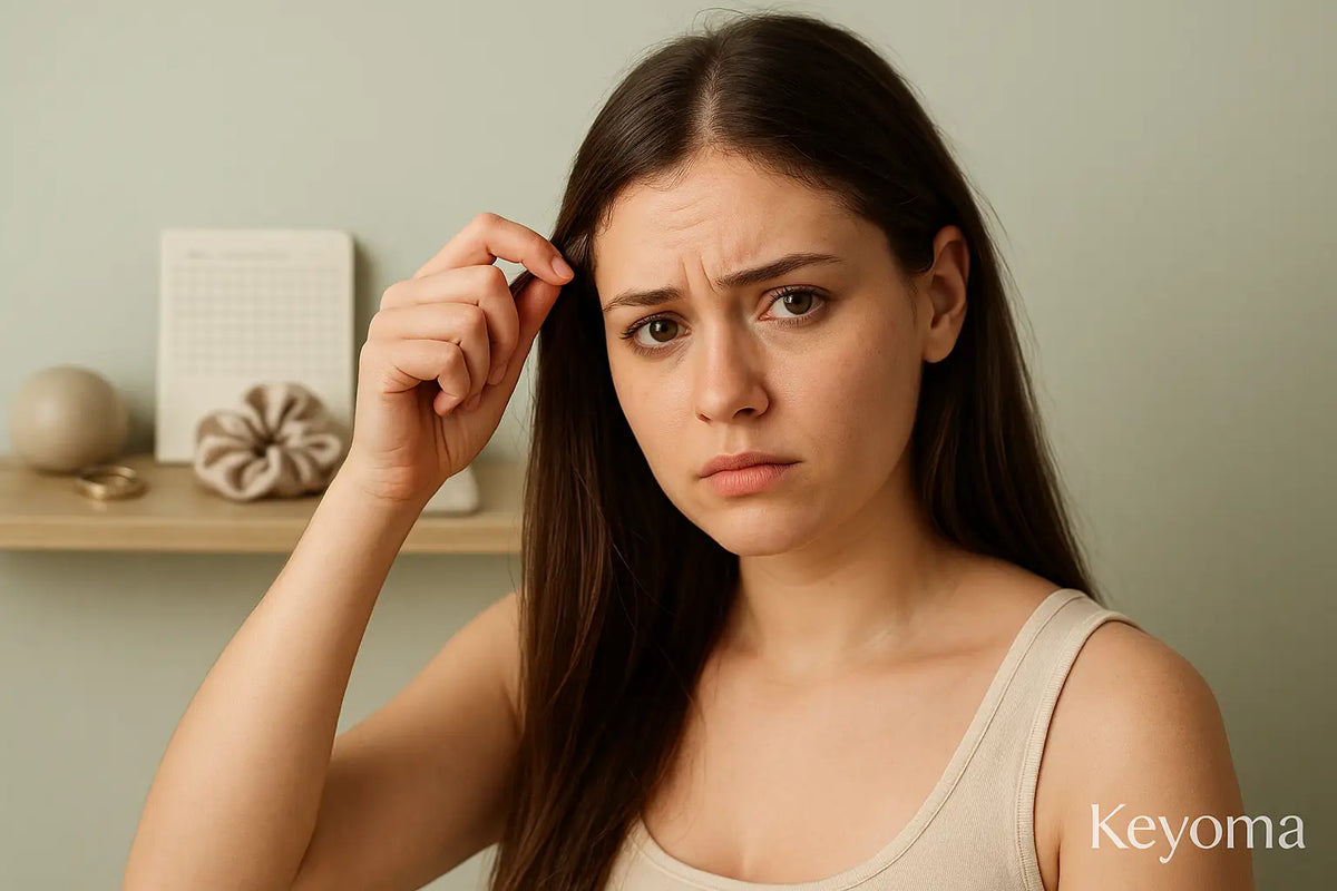 Concerned young woman pinches a hair strand, suggesting trichotillomania, Keyoma scene highlights hair loss awareness.