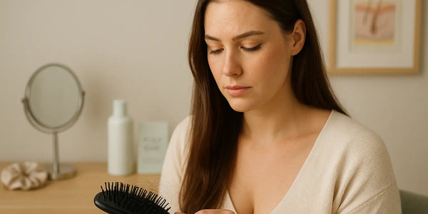 Concerned woman checks hairbrush with shedding strands in bedroom setting for Keyoma hair loss guidance.