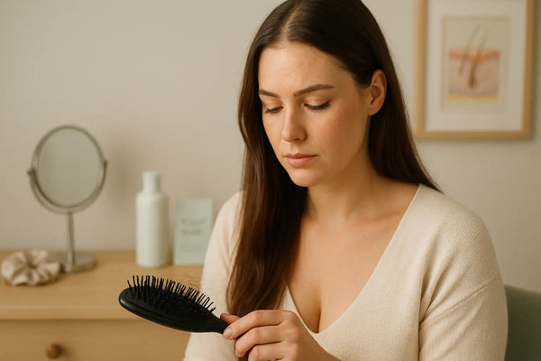 Concerned woman checks hairbrush with shedding strands in bedroom setting for Keyoma hair loss guidance.
