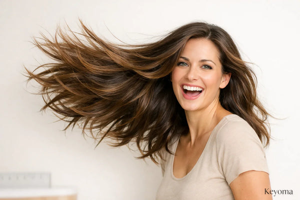 Keyoma lifestyle photo shows woman flipping long hair, emphasizing shine and overall hair health.