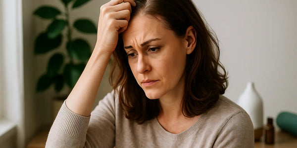 A woman examines her thinning hairline in concern, illustrating early signs of hair loss that Keyoma aims to address through natural care.