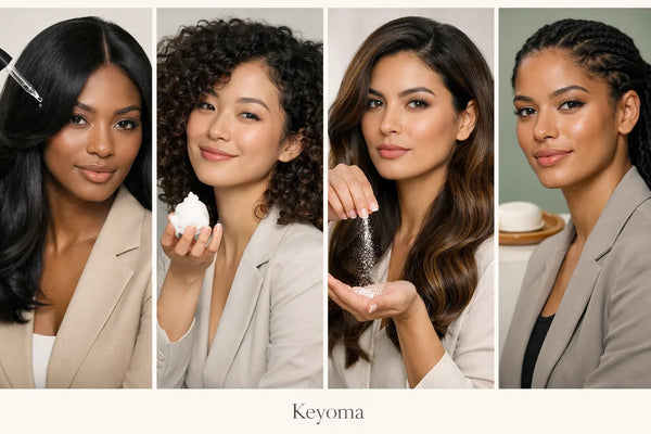 Four women with different hair textures demonstrating product application steps, representing inclusive Keyoma hair care routines.