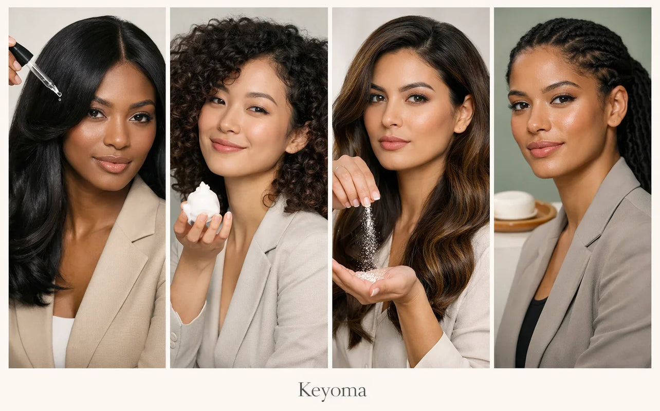 Four women with different hair textures demonstrating product application steps, representing inclusive Keyoma hair care routines.