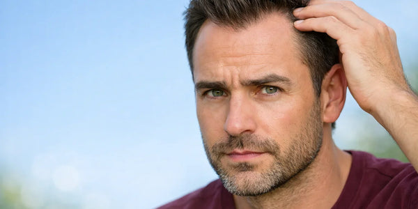 Man checks temple recession in mirror, as Keyoma highlights early M-shaped hairline signs.