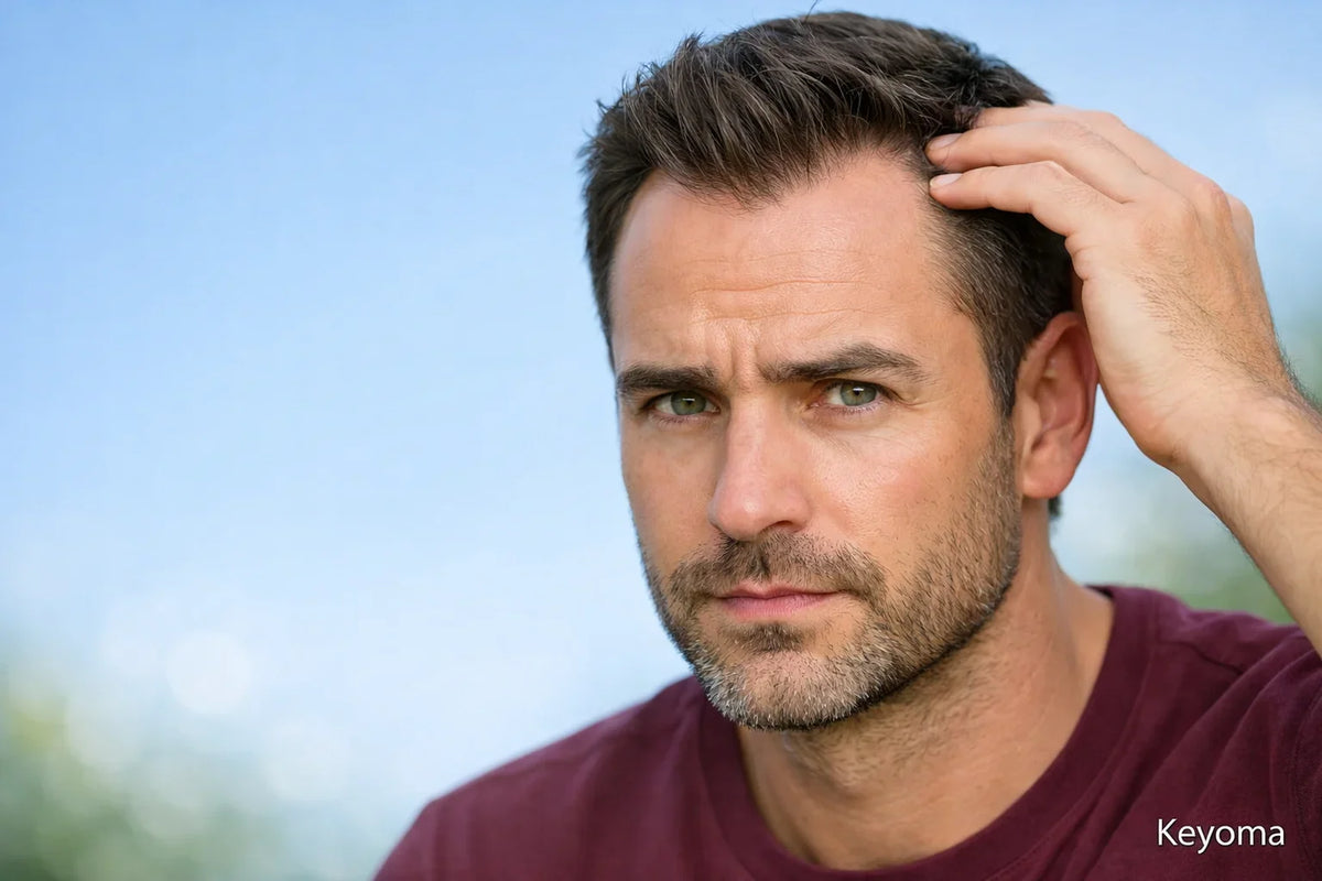 Man checks temple recession in mirror, as Keyoma highlights early M-shaped hairline signs.