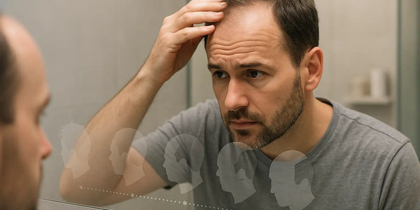 A man inspects his receding hairline in the mirror, highlighting concerns that Keyoma aims to address with natural hair loss solutions.