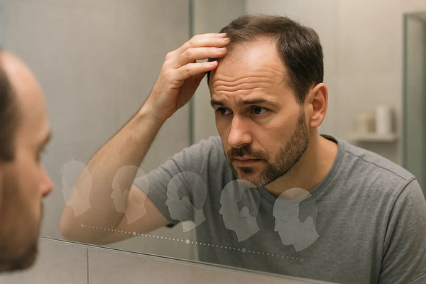 A man inspects his receding hairline in the mirror, highlighting concerns that Keyoma aims to address with natural hair loss solutions.