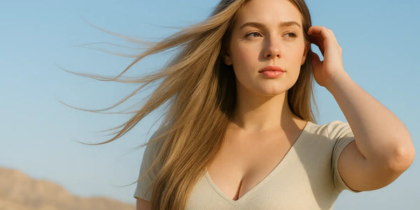 Keyoma portrait of blonde woman in sunlight with windblown hair, showcasing healthy shine and volume.