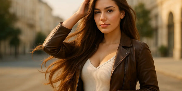 Outdoor portrait with long, healthy hair after Keyoma care, showcasing movement, shine, and city background.